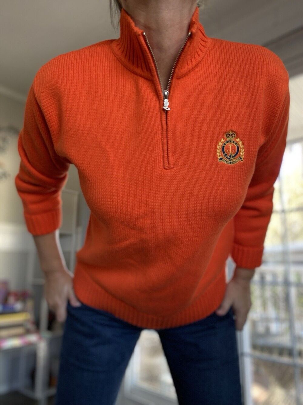 LAUREN RALPH LAUREN Vintage Stitched Monogram 1/2 Zip Sweater Orange Red S